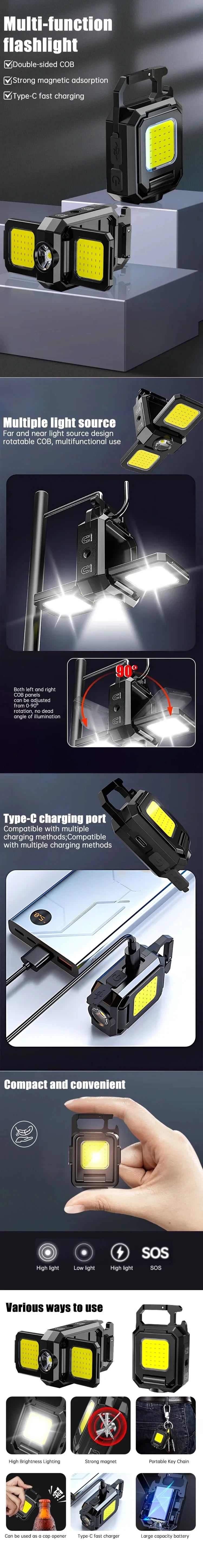 Linterna Mini Llavero COB Recargable USB con Luces Laterales 1000LM