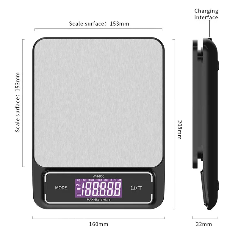 Báscula de cocina electrónica Digital de 6kg/0,1g, 10kg/1g, pantalla LCD, herramienta de medición de acero inoxidable totalmente impermeable para hornear