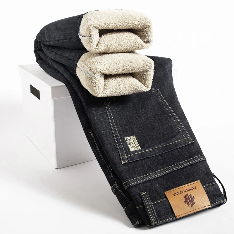 Pantalones Vaqueros de Invierno para Hombre, Forro de Cordero, Talla Grande