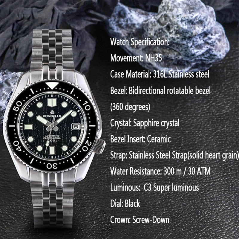 Reloj de Buceo Automático HEIMDALLR MM300, Cristal Zafiro, 300M, Acero Inoxidable