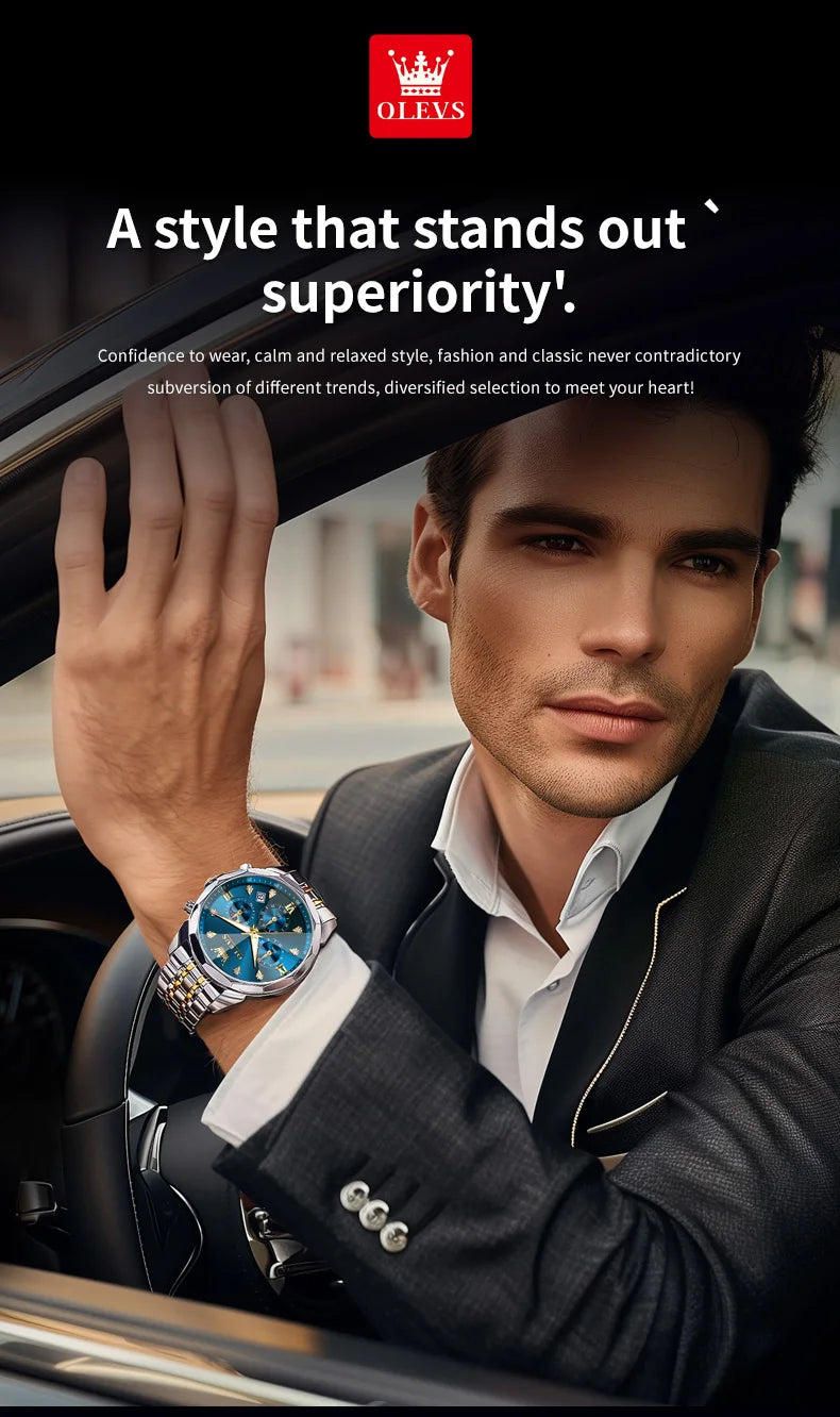 Reloj OLEVS 3670 Cronógrafo para Hombre Fase Lunar Resistente al Agua