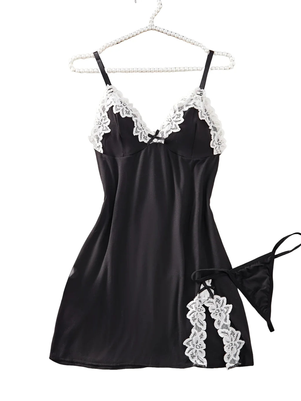 Conjunto Babydoll de Satén con Encaje y Tanga, Lencería Romántica