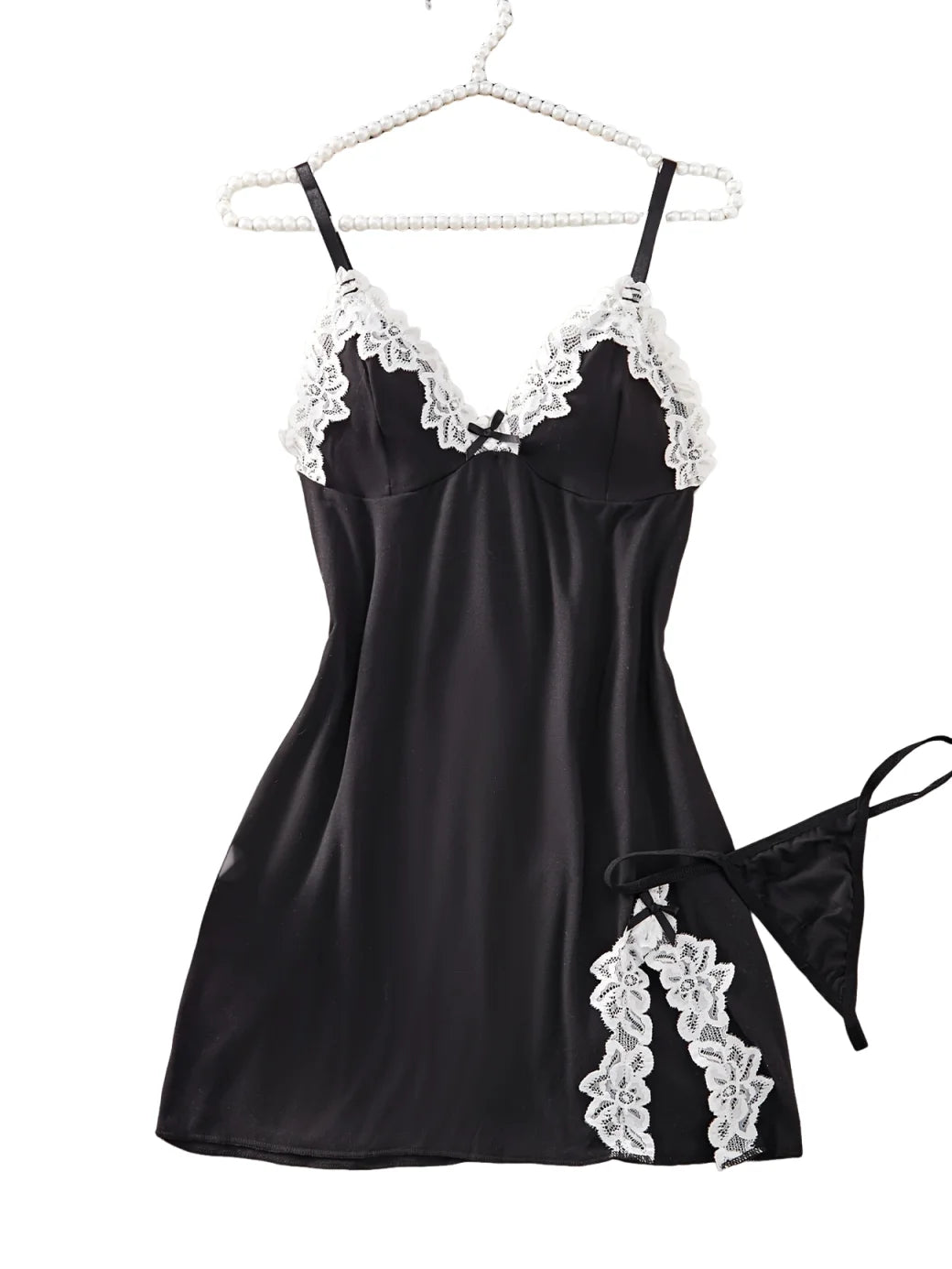 Conjunto Babydoll de Satén con Encaje y Tanga, Lencería Romántica