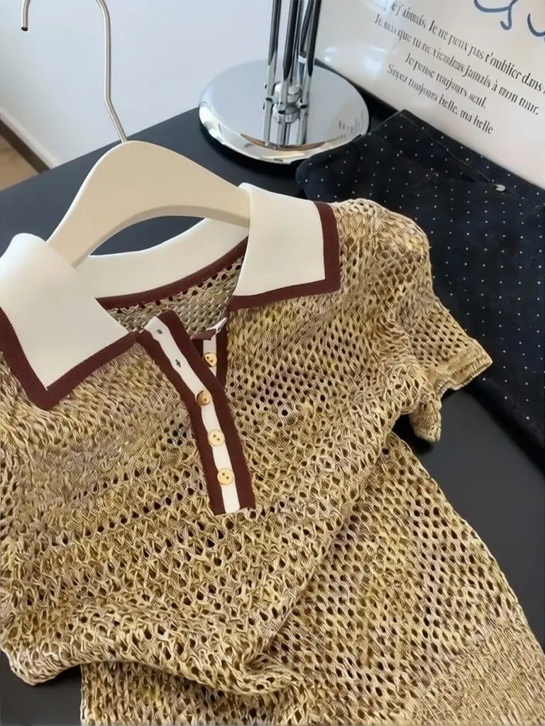 Camiseta de Punto Brillante Vintage con Cuello Polo