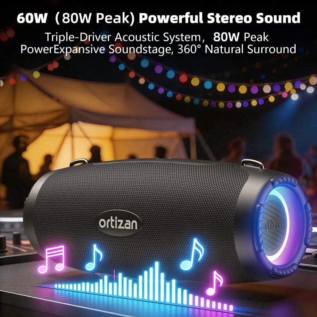 Altavoz Bluetooth Ortizan, Altavoz Portátil con Sonido Estéreo de 60W, Bluetooth 6.0, 20H de Reproducción, Auracast Snyc, Reproducción AUX/USB-Disk