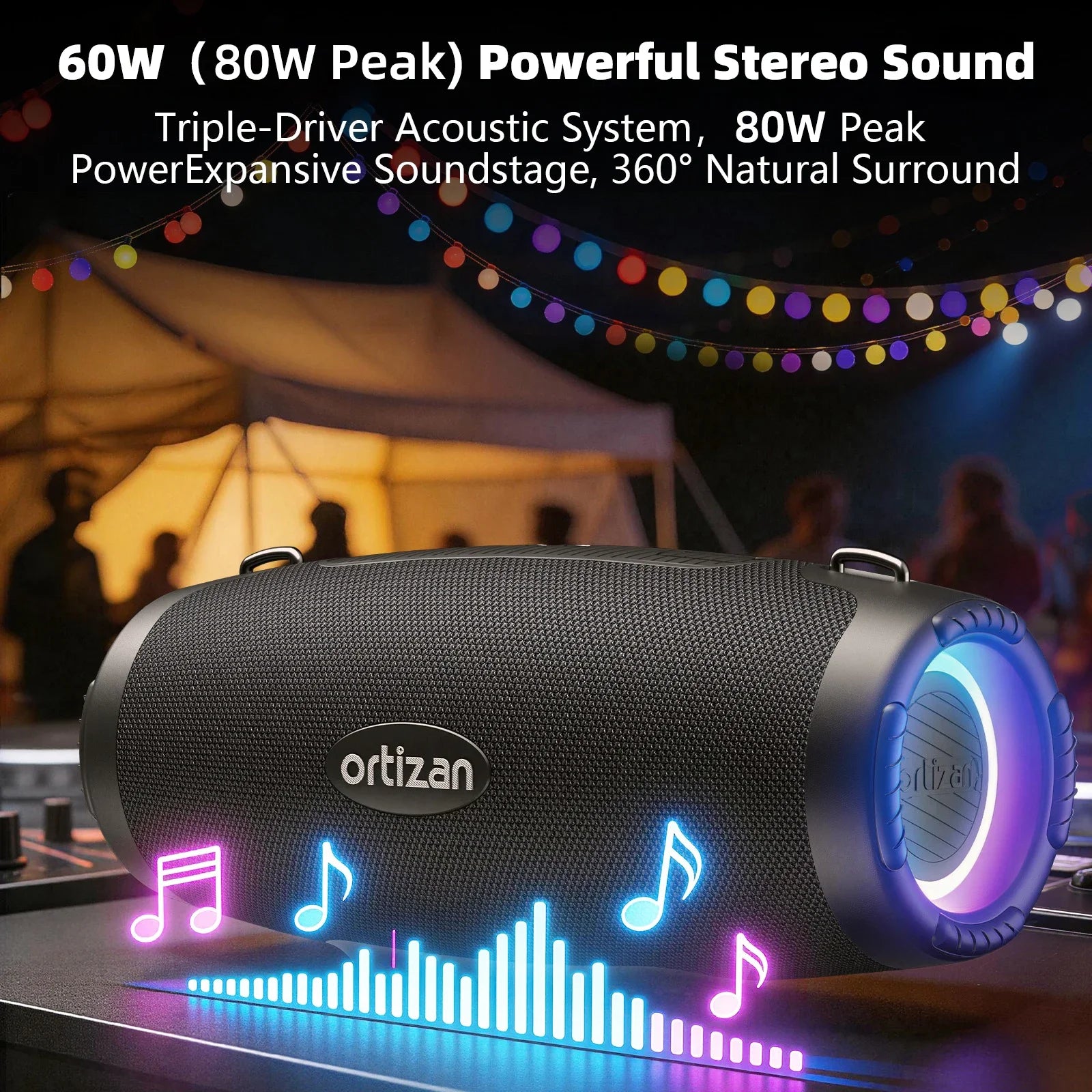 Altavoz Bluetooth Ortizan, Altavoz Portátil con Sonido Estéreo de 60W, Bluetooth 6.0, 20H de Reproducción, Auracast Snyc, Reproducción AUX/USB-Disk