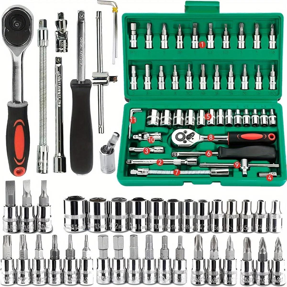 Kit avanzado de reparación de automóviles, caja de herramientas verde, juego de herramientas profesionales con trinquete de 46 piezas, elementos esenciales para mantenimiento de automóviles