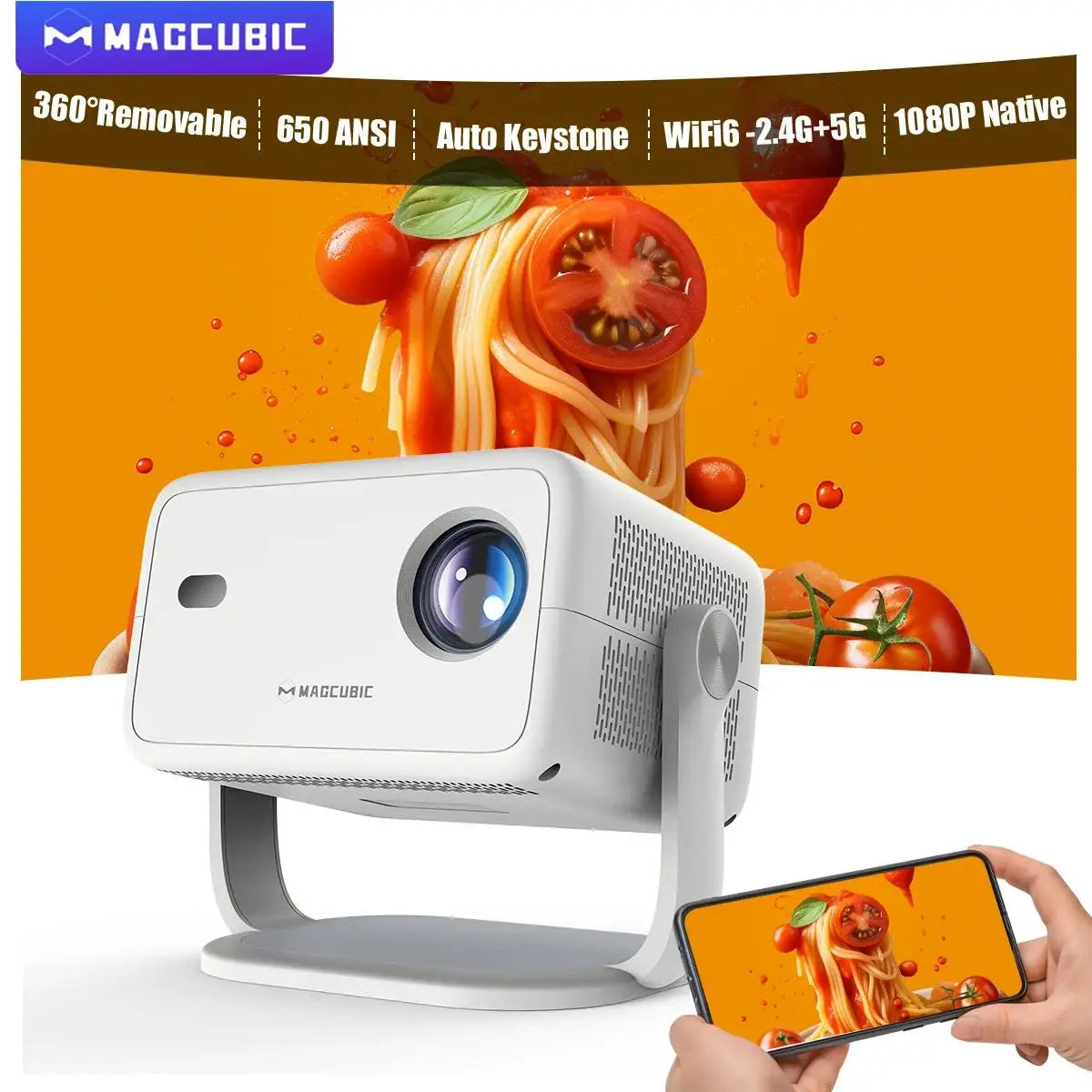 Proyector Magcubic 8K L018 Android14 650ANSI nativo 1080P enfoque automático y Keystone BT5.4 WIFI6 Allwinner H726 portátil 360 °   Ruirar