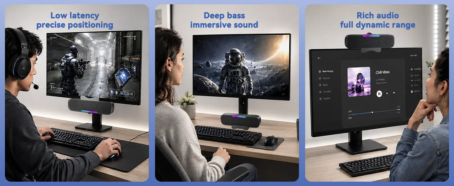 Barra de Sonido USB y Bluetooth para PC, Alimentada por USB con Altavoz y Bluetooth para Conexión a Teléfonos Inteligentes, Se Fija a Monitores