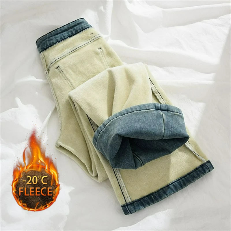 Pantalones Vaqueros Vintage con Forro Polar de Pierna Recta