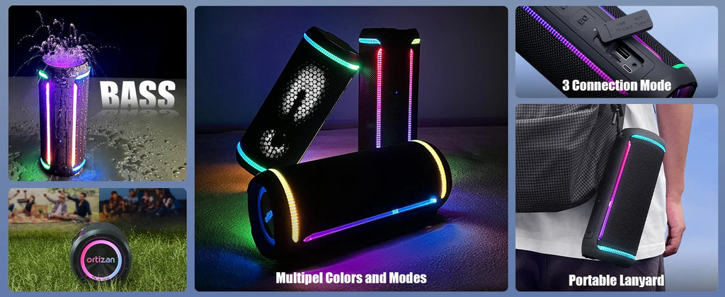 Ortizan X30 Altavoz Bluetooth portátil 40W al aire libre IPX7 impermeable bajo Boost caja de sonido 3-EQ TWS doble emparejamiento BT5.3 luces RGB