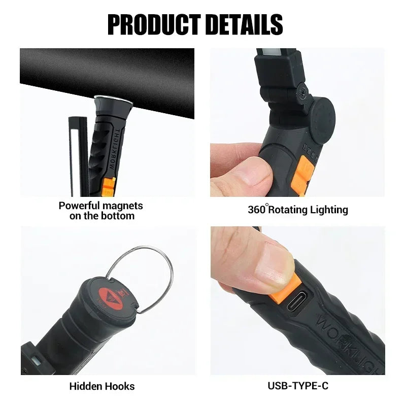 Lámpara de Trabajo LED COB Recargable con Imán y Gancho