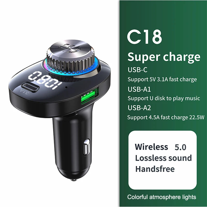 Transmisor FM Bluetooth 5.0 para Auto DYBO, Carga Rápida QC3.0 PD20W