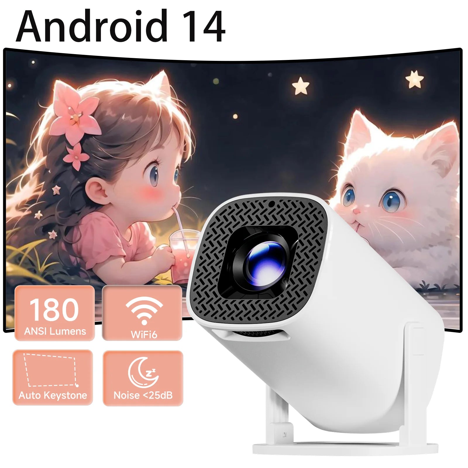 HONGTOP-proyector inteligente 4K Android 14, WiFi6, compatible con pantalla de 1080p x 720p, cine en casa inteligente, proyector portátil para exteriores
