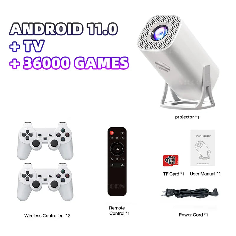 Mini Proyector Consola de Videojuegos 36000 Juegos con Android 11 Video 1080P Proyector para Interiores y Exteriores