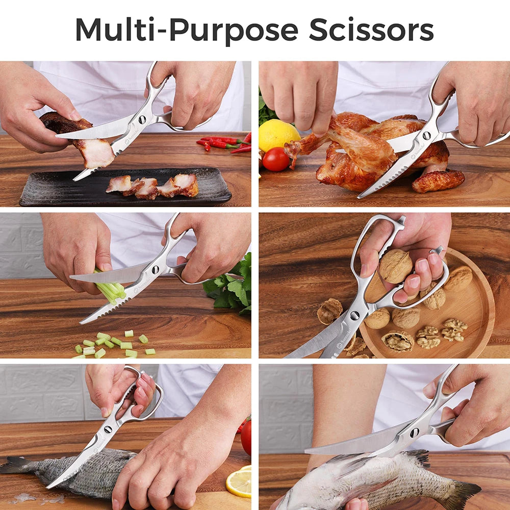 Sunnecko-tijeras de cocina profesionales de acero inoxidable, aptas para lavavajillas, cuchillas curvas de alta resistencia, tijeras de cocina, herramientas de corte