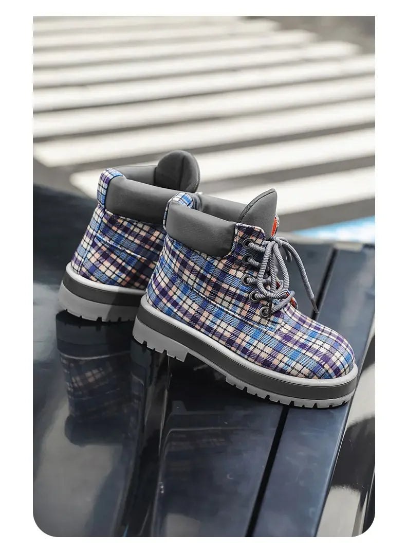 Botas de tobillo a cuadros para hombre con cordones y suela antideslizante