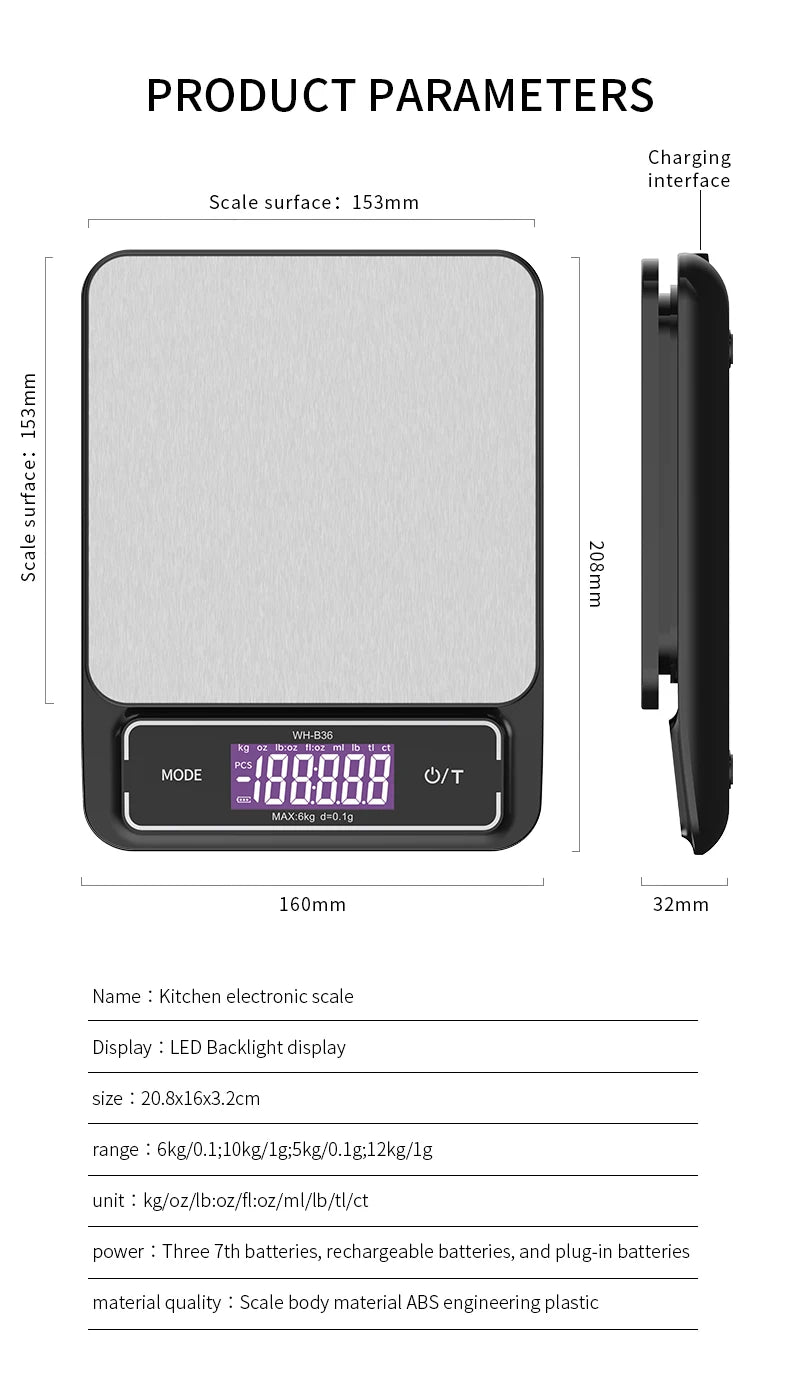 Báscula de cocina electrónica Digital de 6kg/0,1g, 10kg/1g, pantalla LCD, herramienta de medición de acero inoxidable totalmente impermeable para hornear