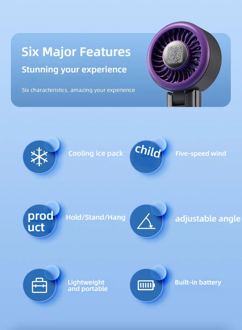 Ventilador de Mano Portátil con Enfriamiento por Hielo, 4 Velocidades, Recargable, Ligero, para Verano, Camping y Actividades al Aire Libre