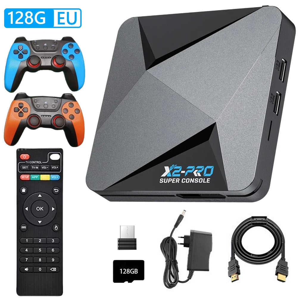 (UE) nueva consola de juegos Retro X2 PRO 64/128/256GB 4K TV Box integrada más de 65000 juegos con 2 Gamepads controladores inalámbricos Arcade