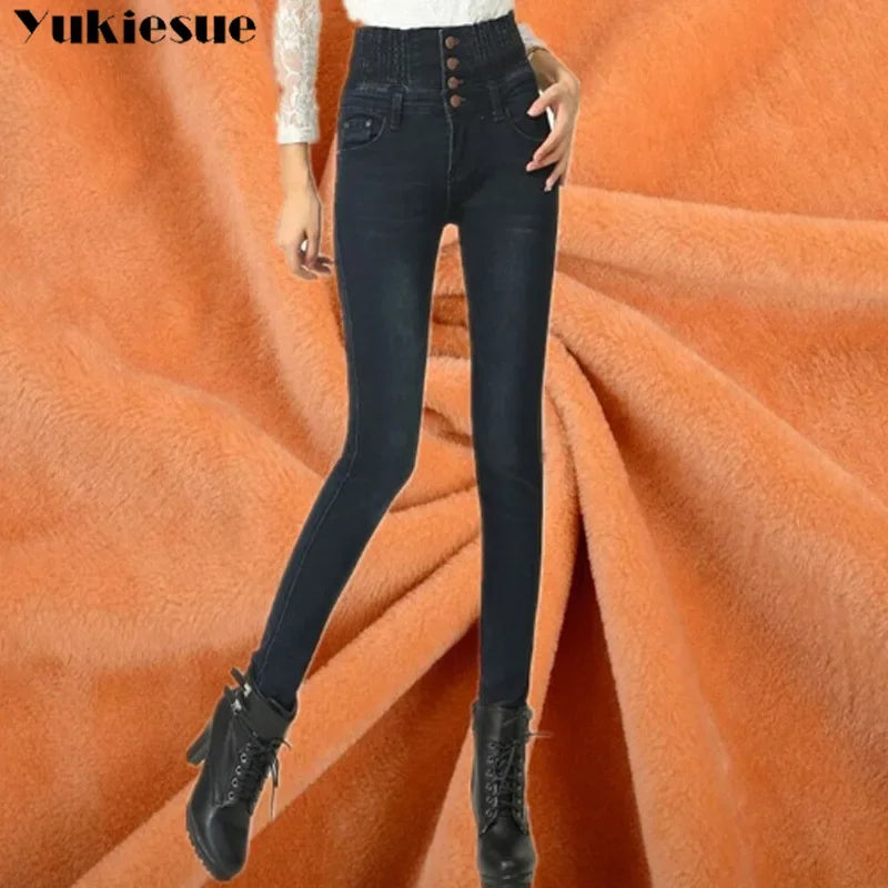 Pantalones Vaqueros Cálidos de Lana para Mujer, Cintura Alta con Forro de Terciopelo