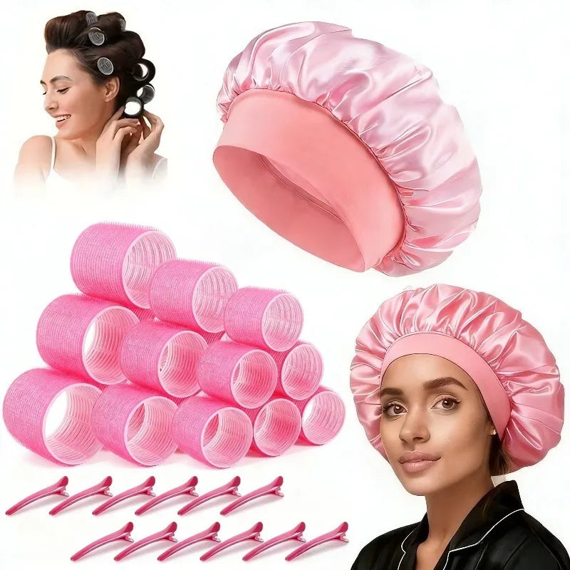 Set de 31 Piezas de Rizadores de Cabello sin Calor con 18 Rodillos Autoadherentes, 12 Pinzas y Gorro de Satén para Ondas Naturales Durante la Noche