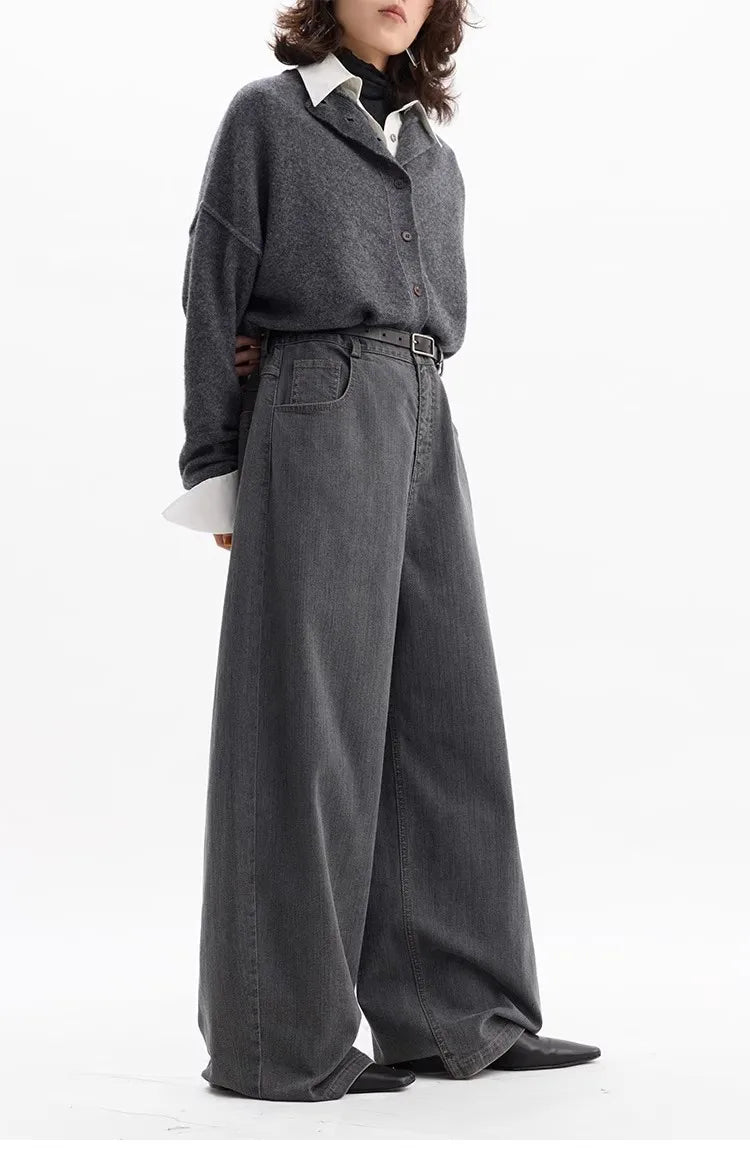 Jeans Americanos Retro de Cintura Alta para Mujer, Pierna Ancha con Acabado Desgastado