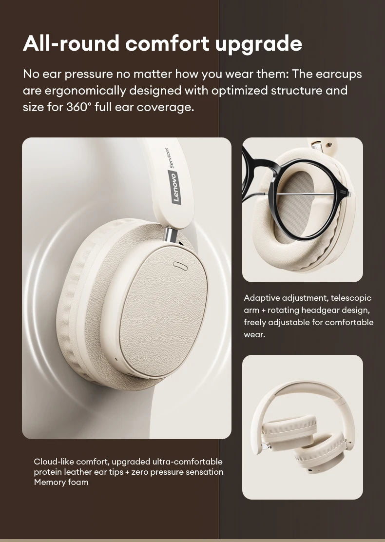 Auriculares Retro TH30 Pro Lenovo para Juegos, Inalámbricos, Bluetooth 6.0, Sobre la Oreja, Plegables, Deportivos, de Cuero, Regalos LS105