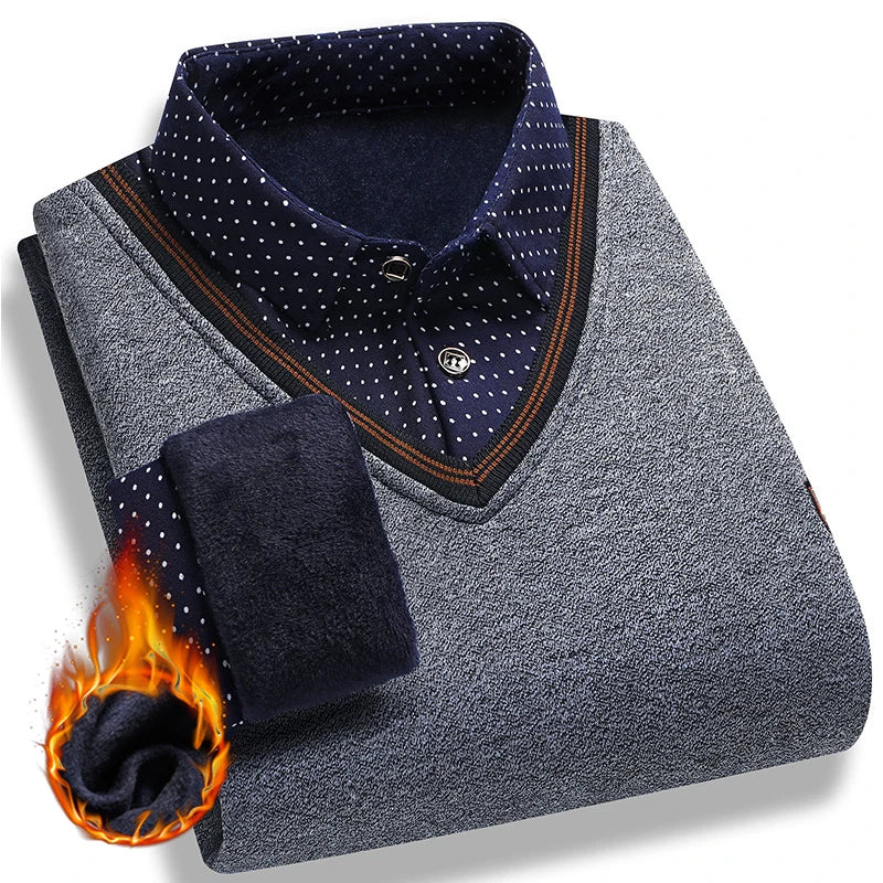 Suéter de felpa para hombre, jersey falso de dos piezas para otoño e invierno, Polo con cuello de lana, Top grueso y cálido, jerséis informales