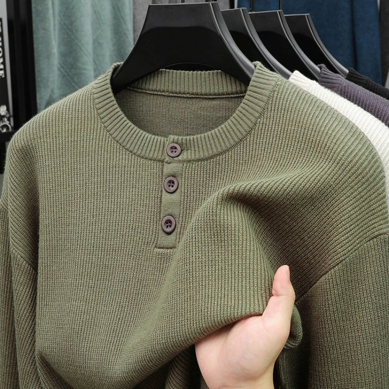 Suéter de punto Henley de peso pesado de 500 g para hombre - Beige (caqui/negro/gris/verde) Otoño Invierno esencial    Toque suave