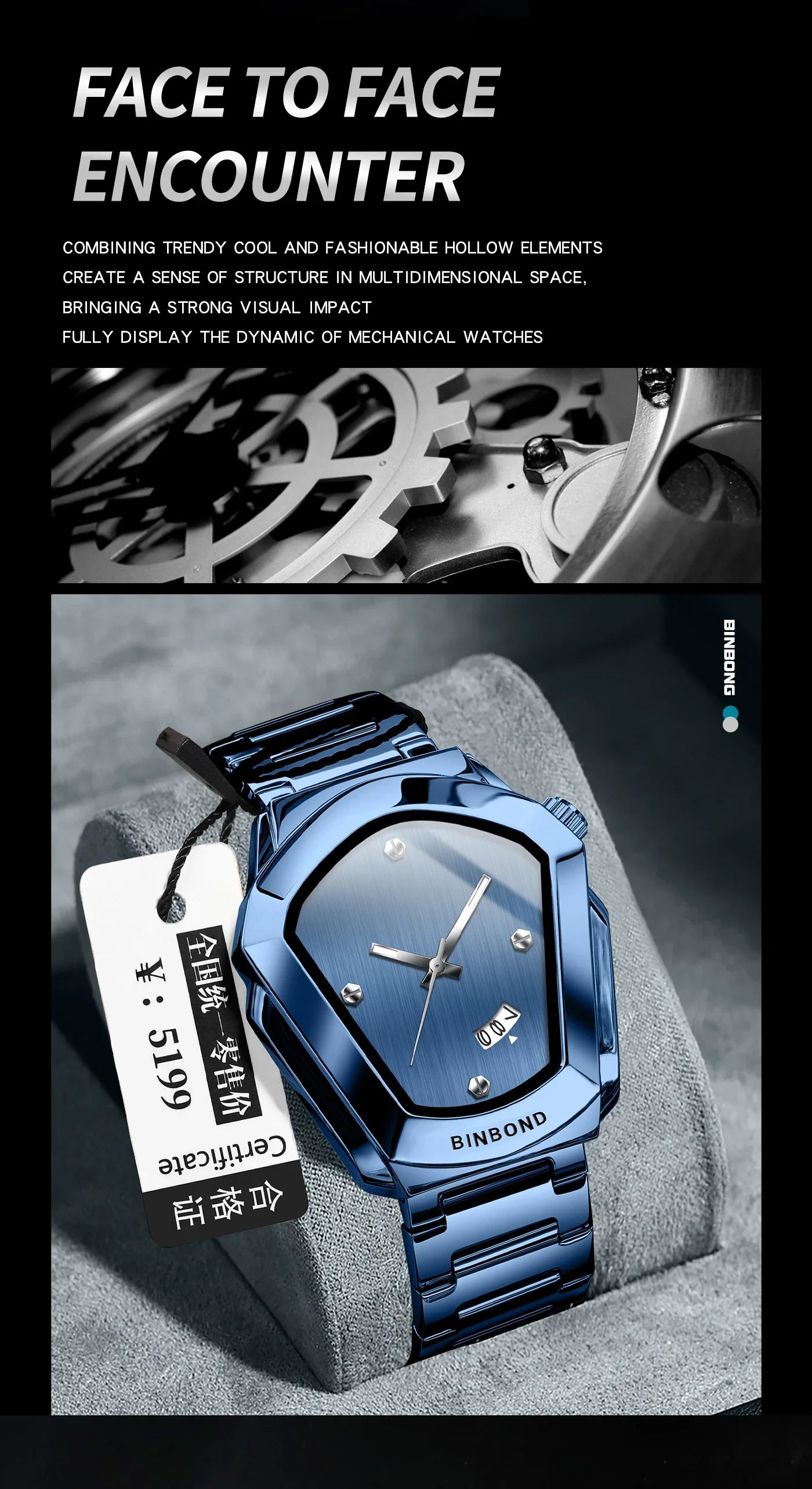 Reloj de Cuarzo BINBOND para Hombre, Lujo, Acero Inoxidable, Calendario