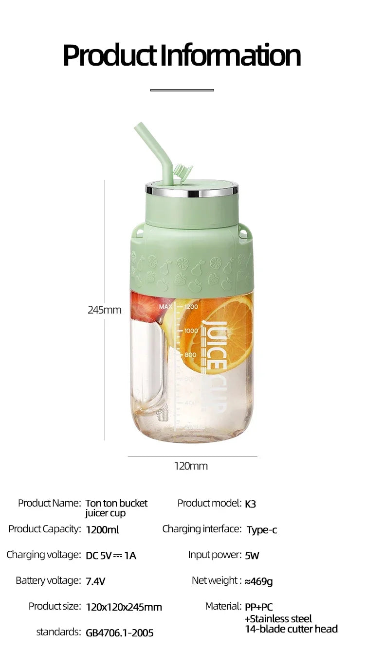 Exprimidor Portátil Eléctrico 800ml — 10 Cuchillas de Acero Inoxidable