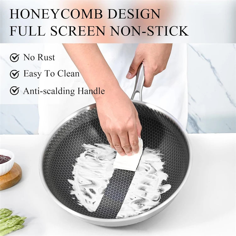 Sartén Wok de acero inoxidable 316, sartén Wok antiadherente de panal, sartén grande para freír con mango, Compatible con inducción JT560