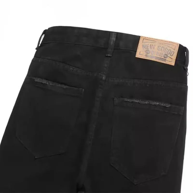 Pantalones Vaqueros Negros Rasgados Retro para Hombre, Pierna Recta