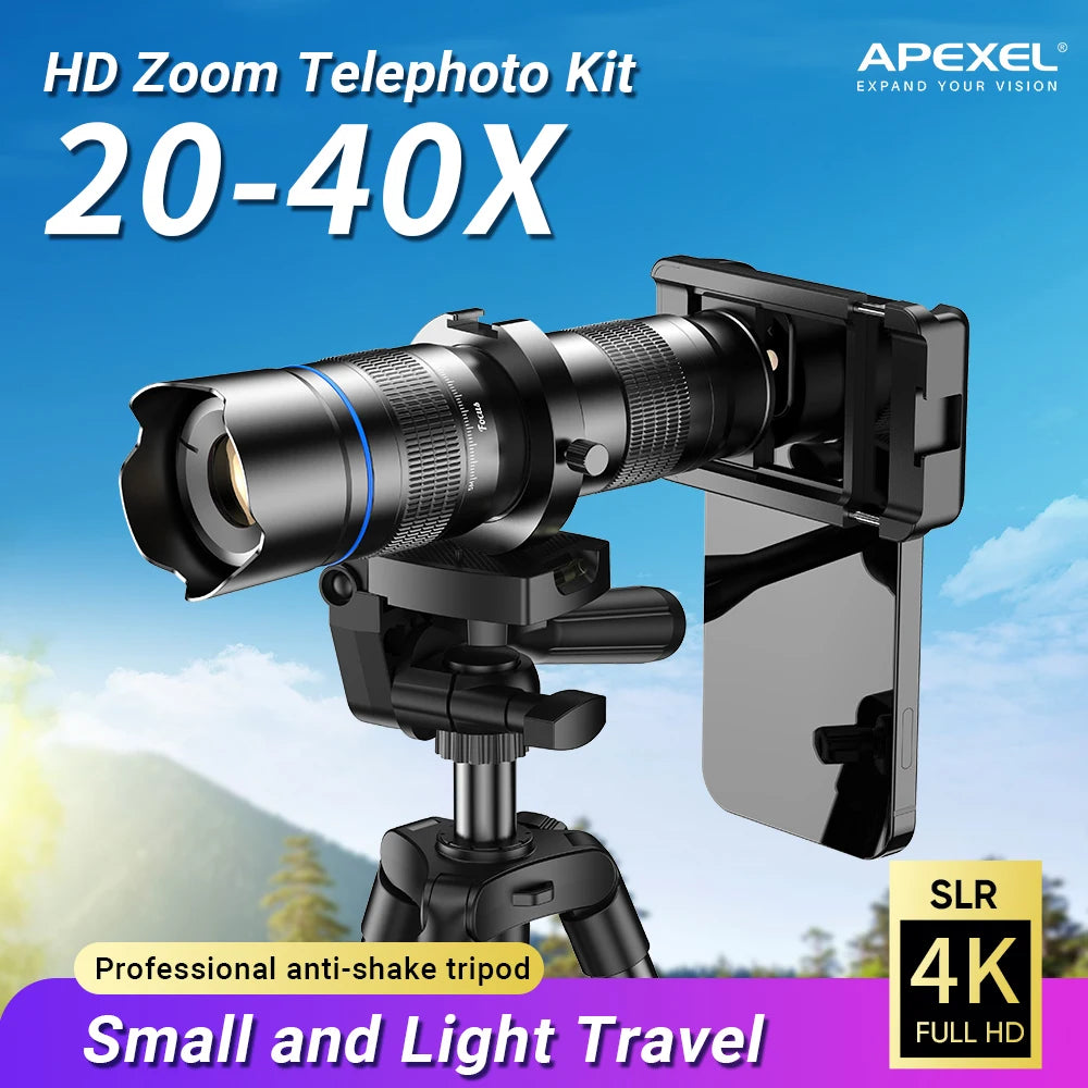 Teleobjetivo APEXEL 20-40X Zoom con Trípode para Smartphone
