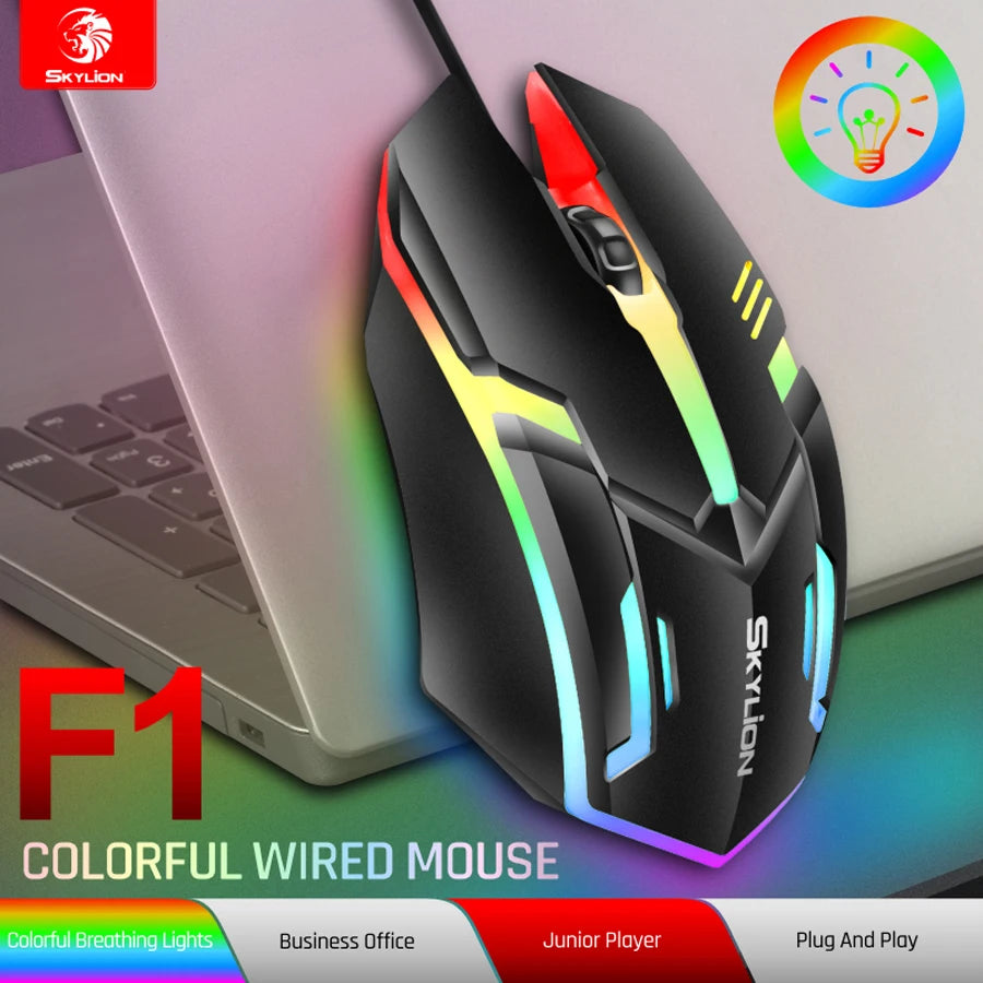 Ratón F1 con cable para juegos y oficina, periférico de 3 teclas con iluminación colorida para Microsoft Windows y Apple IOS