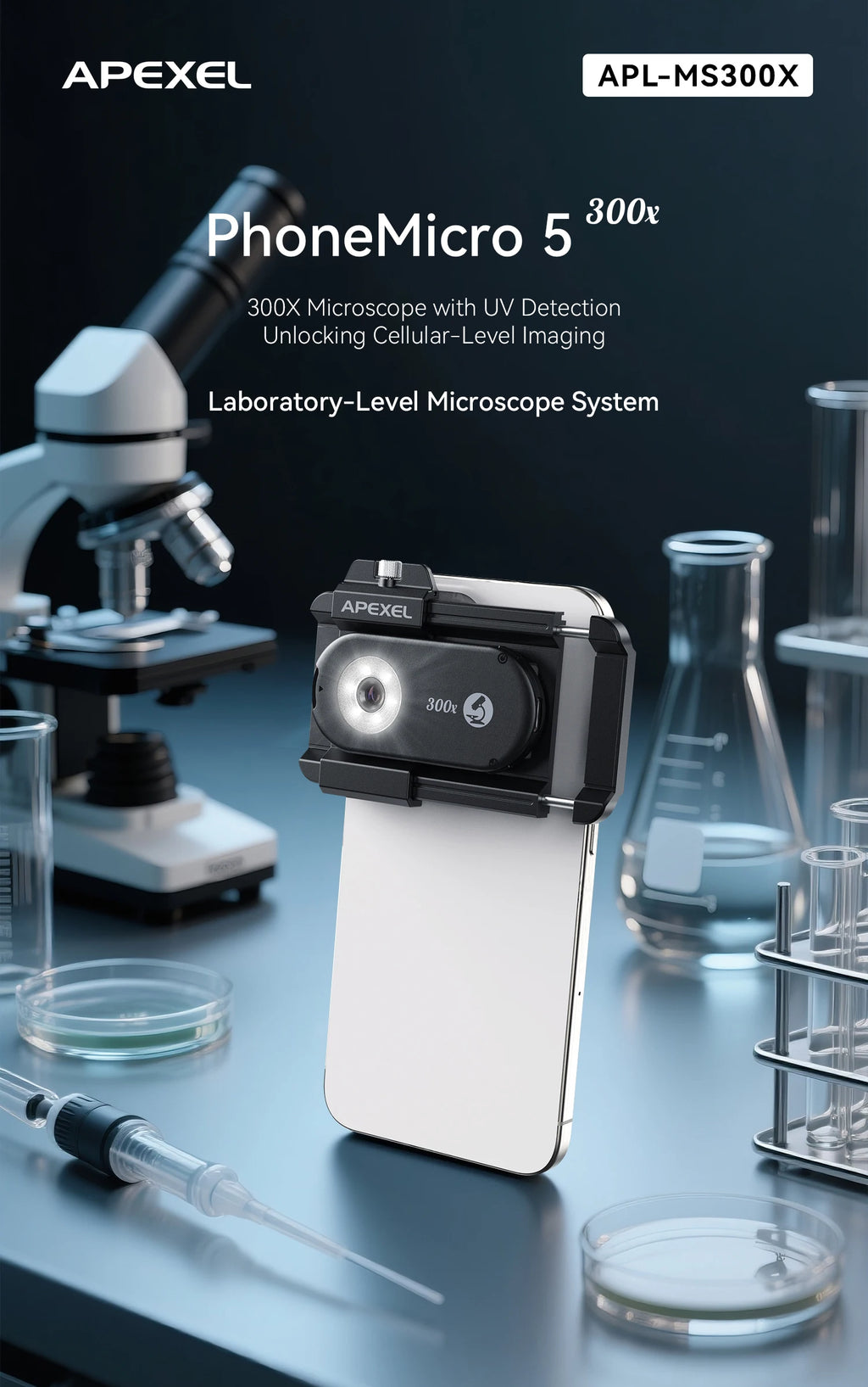 Lente Microscopio 300X APEXEL con Luz LED para Smartphones