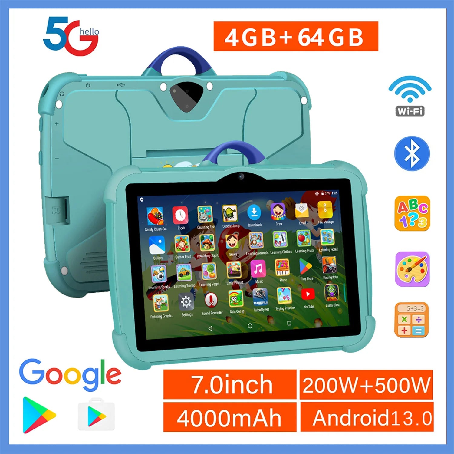Tableta Infantil 2025 de 7 Pulgadas con WiFi 5G, Quad Core, 4GB de RAM, 64GB de ROM, Versión Educativa de Google Learning, con Doble Cámara