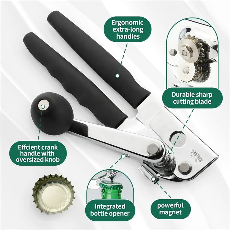 Abrelatas comercial, abrelatas con manivela Manual, abrelatas de mano resistente con borde liso para latas grandes con imán