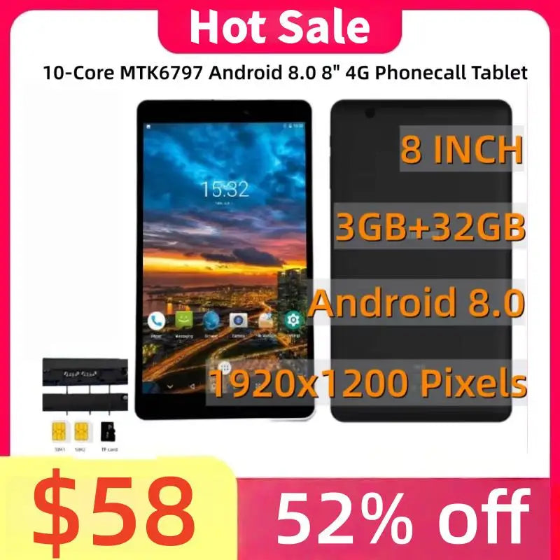 Tableta telefónica 4G de 10 núcleos MTK6797 Android 8,0 8 "1920x1200 píxeles 3GB RAM 32GB ROM WIFI GPS Bluetooth 4,2 tarjeta SIM Dual