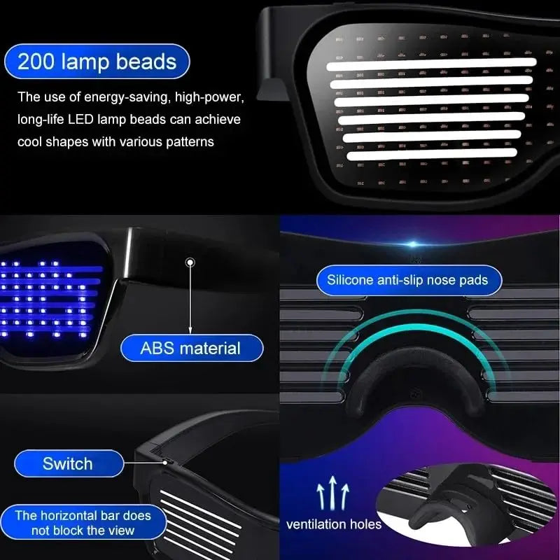 Gafas LED, Control por aplicación Bluetooth Pantalla LED Gafas inteligentes Gafas funky DIY recargables por USB para fiesta, club, DJ, Halloween