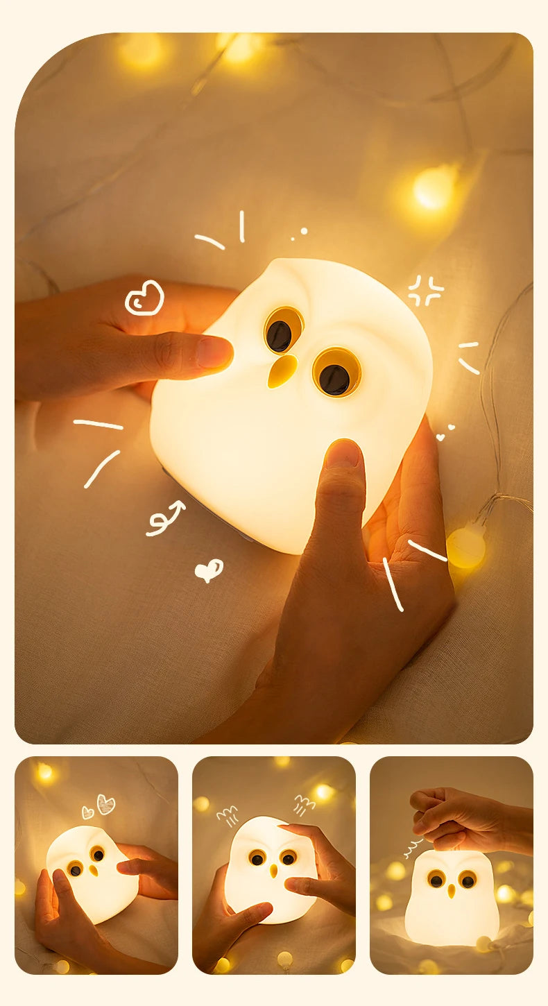 Luz nocturna de búho, bonita lámpara de noche de silicona, lámpara de ambiente RGB recargable, decoración de habitación, Animal divertido, regalo de luz nocturna para niños