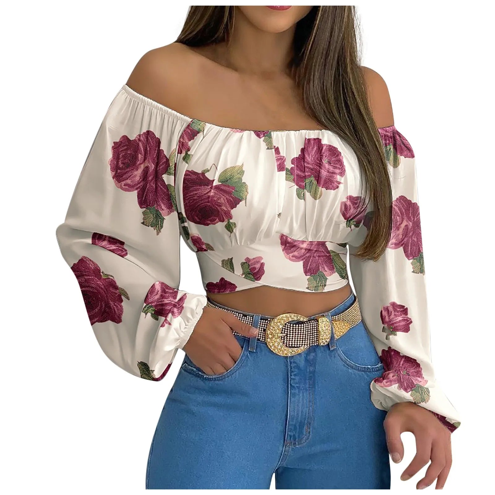Blusa con Hombros Descubiertos y Lazo de Manga Larga