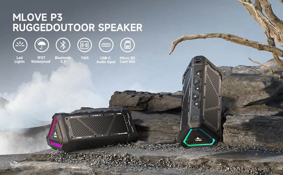 Altavoz Bluetooth para exteriores MLOVE P3, altavoz Bluetooth 5,3 con potencia de salida de 40W, sonido estéreo IPX7 resistente al agua, tarjeta Micro SD, luz RGB
