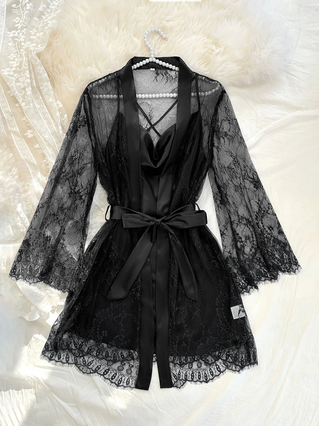 Conjunto de Camisón y Bata de Encaje para Mujer — Ropa de Dormir Sexy