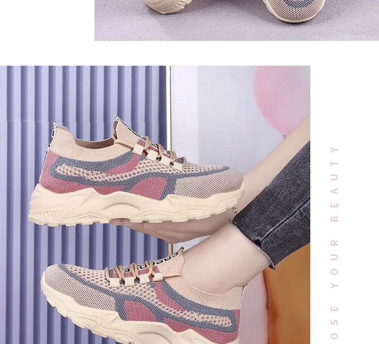 Zapatillas gruesas 2025, zapatos informales para mujer, zapatos deportivos transpirables de malla de aire para primavera y otoño, zapatos para correr de suela blanda para mujer