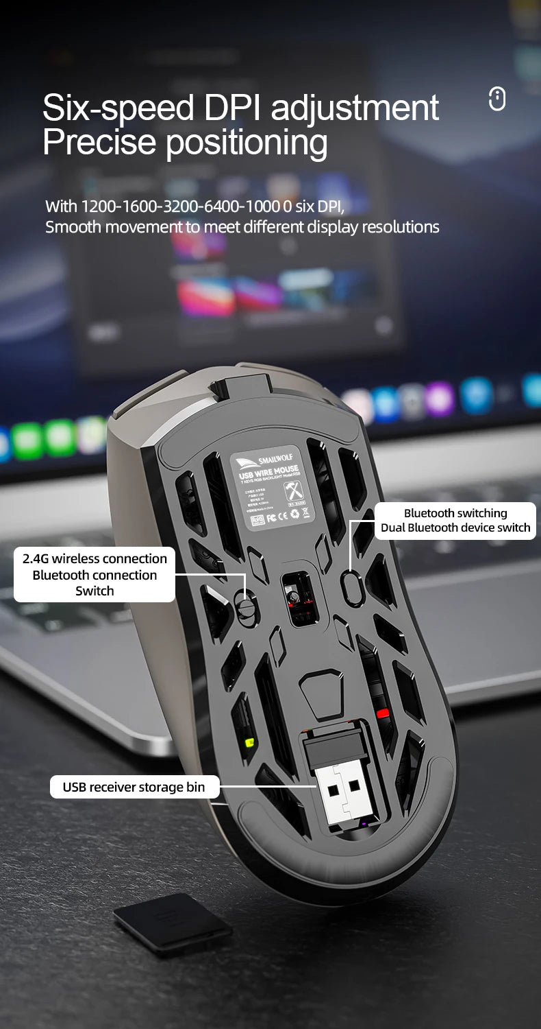 SmailWolf RS8 Bluetooth inalámbrico 2,4g ratón para juegos triple modo ligero e-sports gaming 1K tasa de retorno 10000DPI ordenador