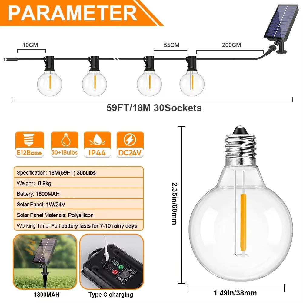 Guirnalda de Luces Solares G40 para Exteriores, Impermeable IP44, 7.6 a 30M