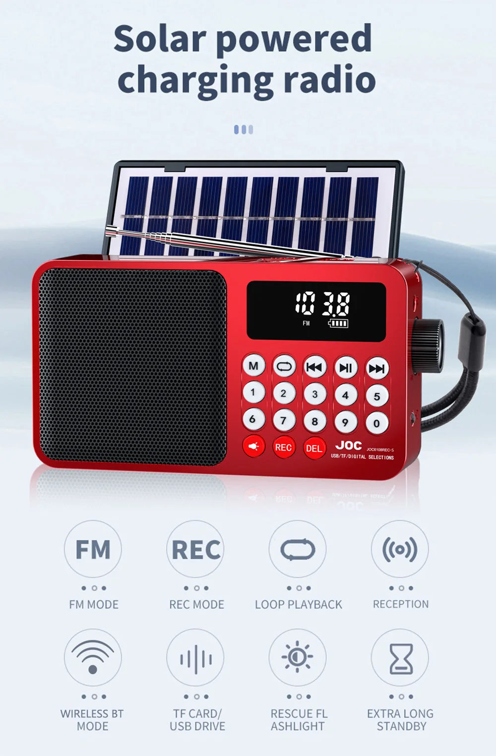 Radio FM Solar, Altavoz Bluetooth portátil con luz LED, compatible con grabación de tarjetas TF, reproducción USB, altavoz inalámbrico, Radio, receptor FM