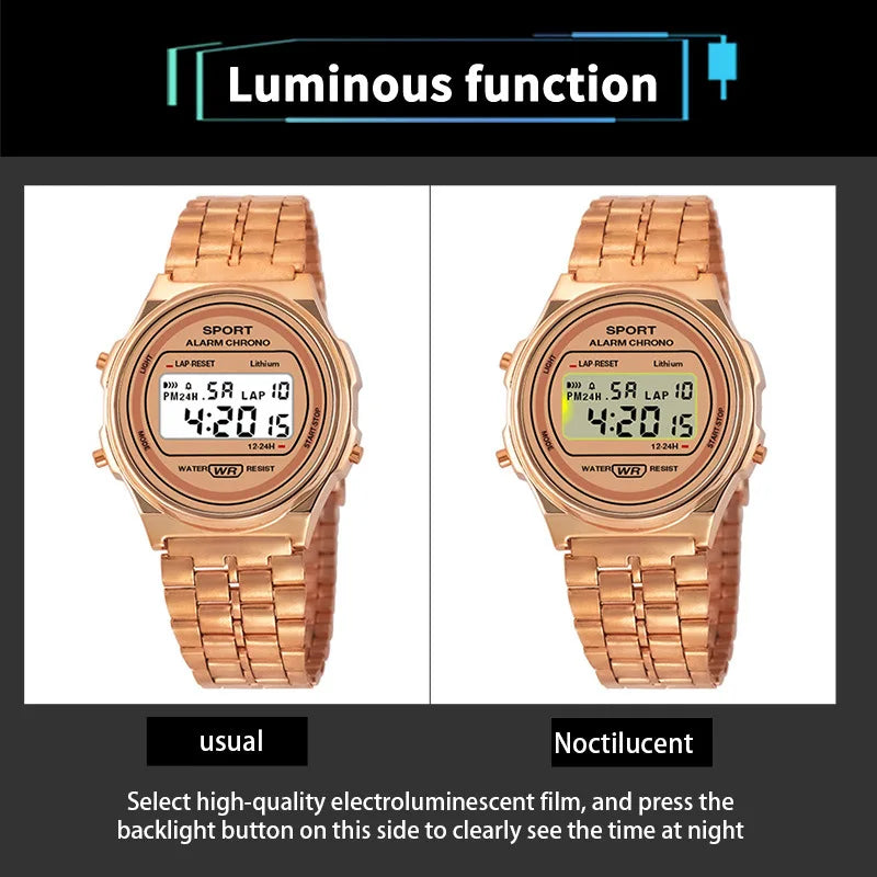 Reloj electrónico LED informal para mujer, correa Retro de acero inoxidable, reloj Digital LED para mujer, reloj de pulsera deportivo multifunción